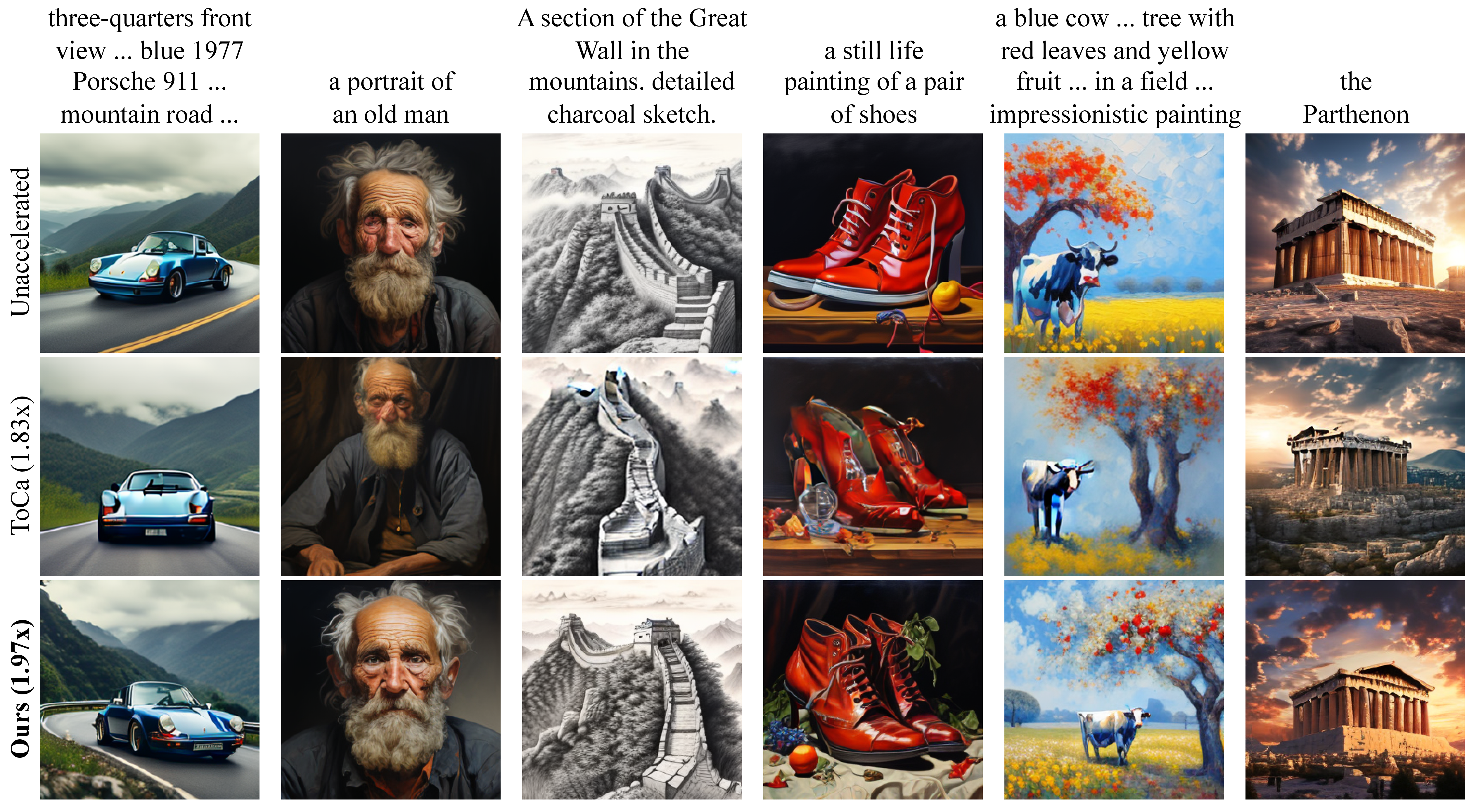 Qualitative comparison showing generated images from baseline, ToCa, and ECAD